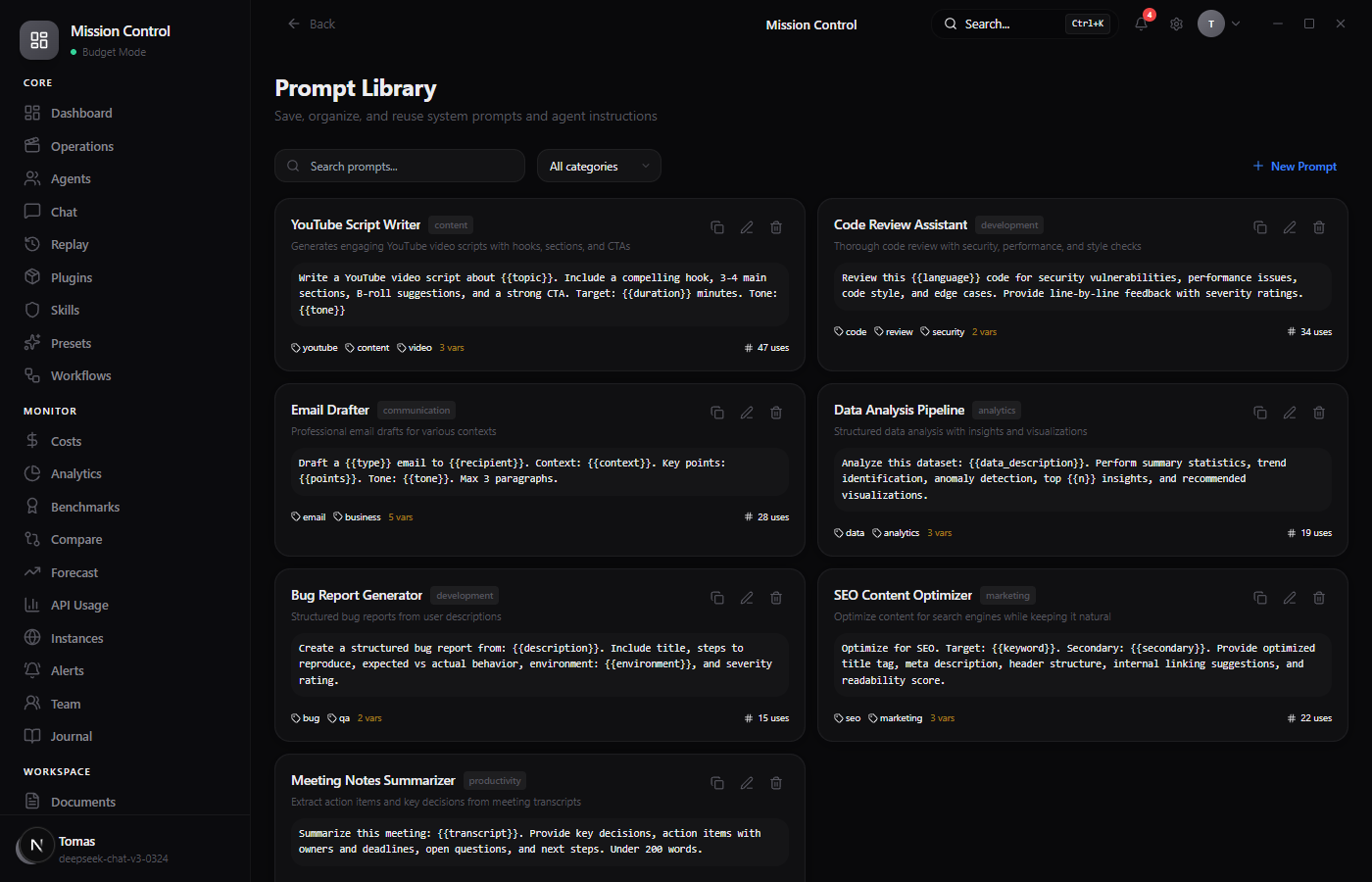 Prompt library with 7 templates, categories, and usage tracking